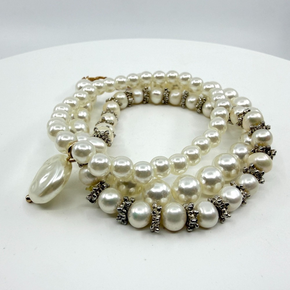 Boho Chic Multi-Strand White Pearl Bracelet with Statement Charm